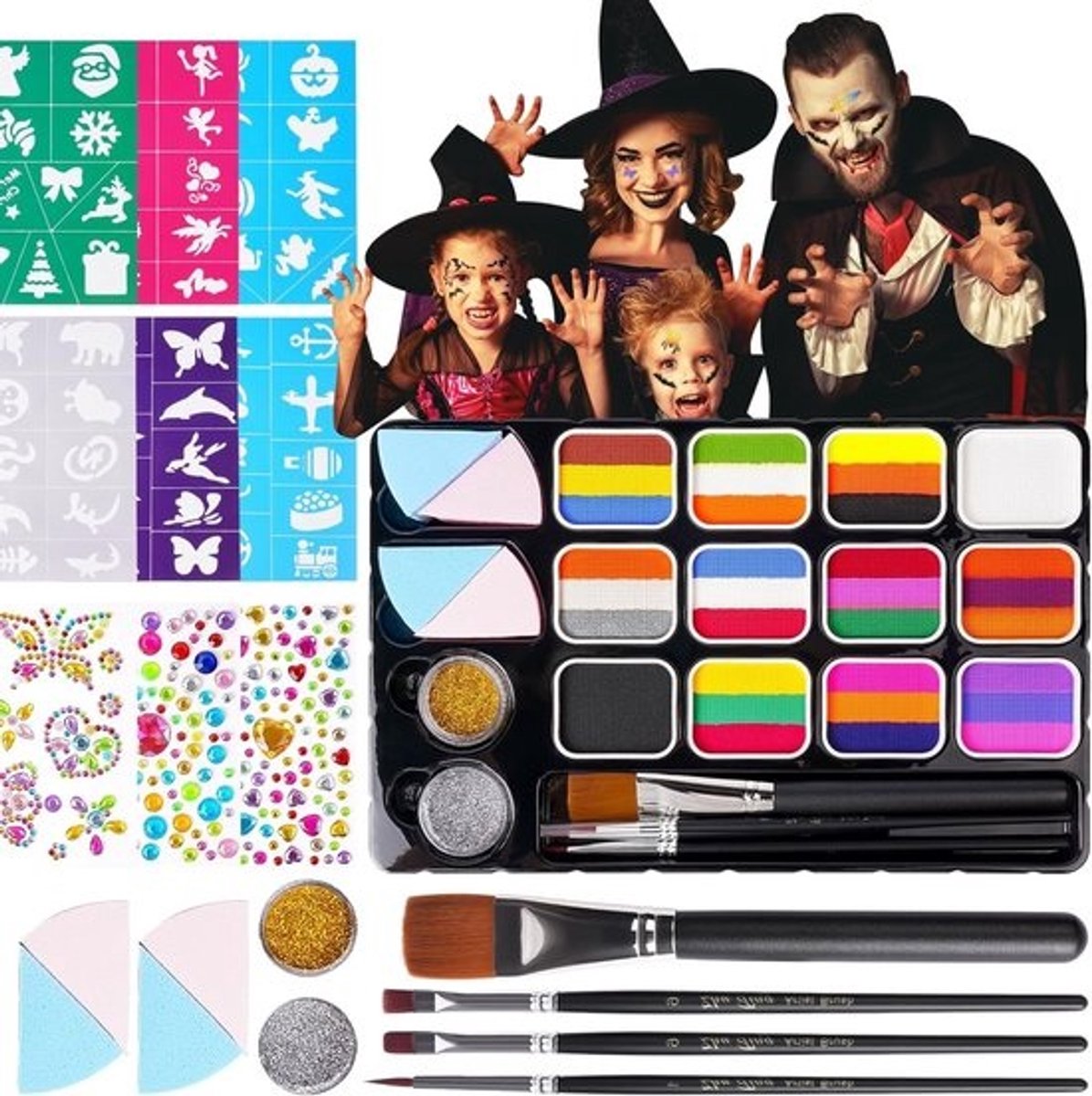 12 Kleuren Wateroplosbare Face & Body Paint Set voor Volwassenen en Kinderen, voor Halloween, Cosplay en Feestjes, met Verfpalet en Schilderbenodigdheden