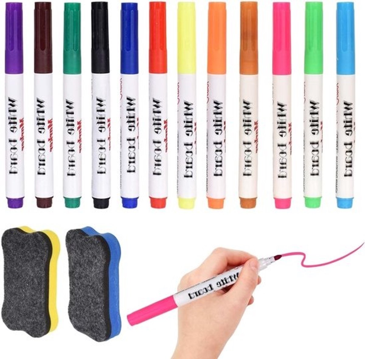 Uitwisbare whiteboardmarkers in 12 kleuren met 2 magnetische gummen - Voor onderwijs, vergaderingen en creatieve projecten