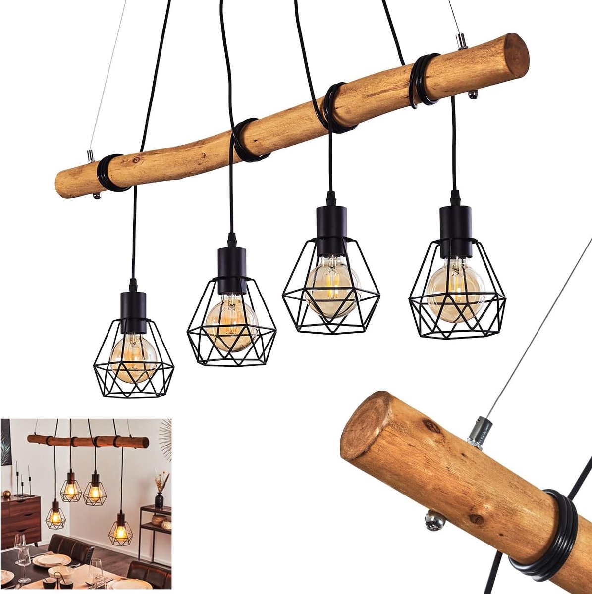 Seegaard, 4-lichts hanglamp van metaal in zwart en hout, kamerlamp vintage/boho stijl, 4 x E27, lampenkoppen afzonderlijk verstelbaar, zonder gloeilampen