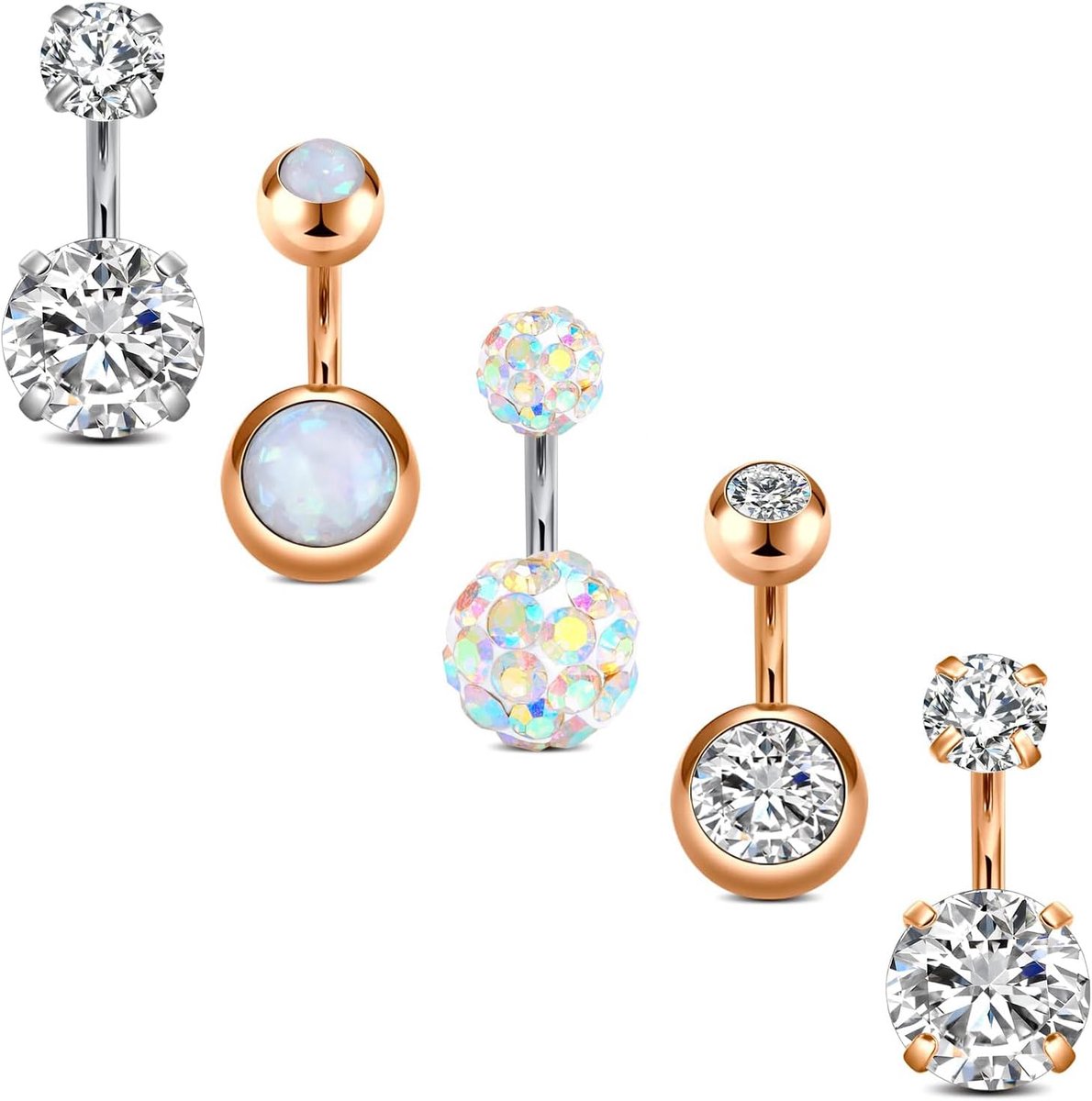 Incaton Navelstaafjes, navelring, schattig, klassiek, transparant CZ hart, vlinder, gebogen barbell, buikpiercing, sieraad, zilver, roségoud, 14G, 6, 8, 10, 12 mm, Roestvrij staal