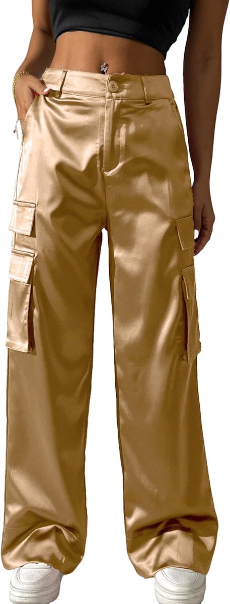 Cargobroek voor dames, baggy, satijn, casual, hoge taille, goud, zilver, party, club, streetwear, broek