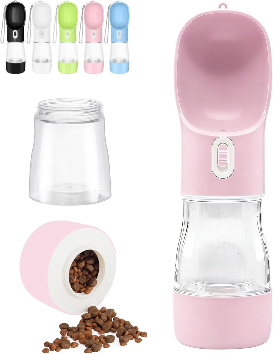 Travel Water Voedsel Fles - Draagbare Hond|Kattendispenser voor Wandelen Reizen Wandelen - Multifunctionele Outdoor Container (Roze)