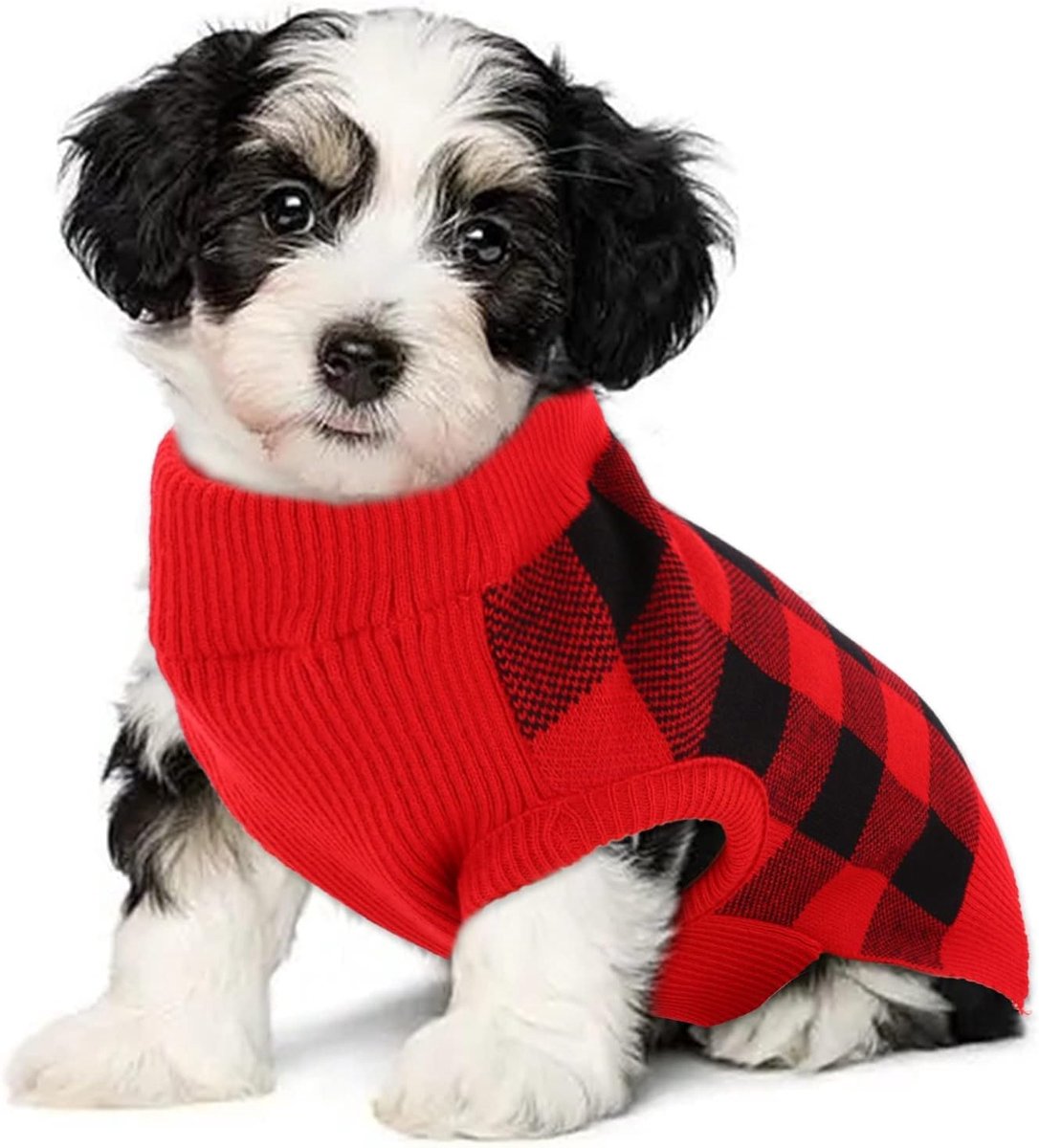 Huisdierpullover, rolkraag, hondenpullover, zachte en warme hondenkleding, mantel, kattenpullover, geschikt voor kleine en middelgrote honden en katten (L, rood + zwart)