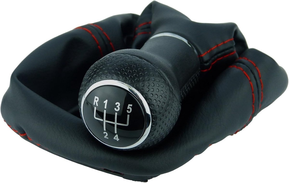 & P Car Design L & P A252-0 schakelzak, schakelmanchet, zwart, naad, rood, GTI-look, schakelpookknop, 5 versnellingen, 23 mm, compatibel met VW Golf 4 IV frame, knop, plug play, reserveonderdeel