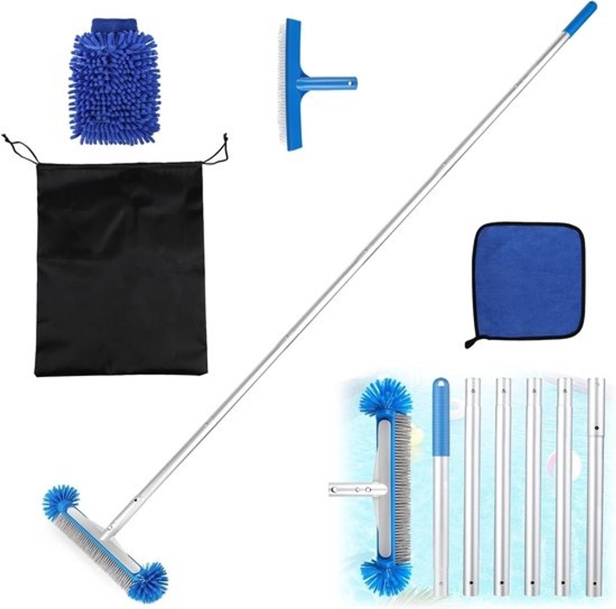 Zwembadborstel met Handvat - Reinigingsborstel Bodem Muren - Zwembad Onderhoud - Verstelbare Telescoopsteel - 210 cm Lengte - Set D