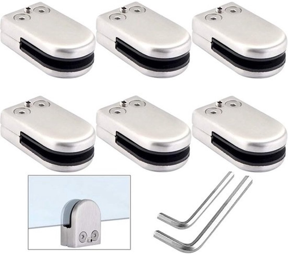 Set van 6 verstelbare glasbeugels van 10-12mm, roestvrij staal, voor trapleuning en balustrade