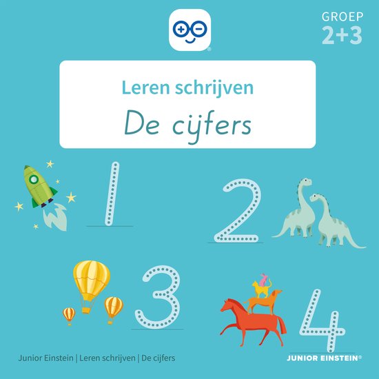 Illustration de livre avec les chiffres 1, 2, 3 et 4. Chiffre 1 avec une fusée, chiffre 2 avec des dinosaures, chiffre 3 avec des montgolfières, chiffre 4 avec des animaux sur un cheval. Groupe 2+3.