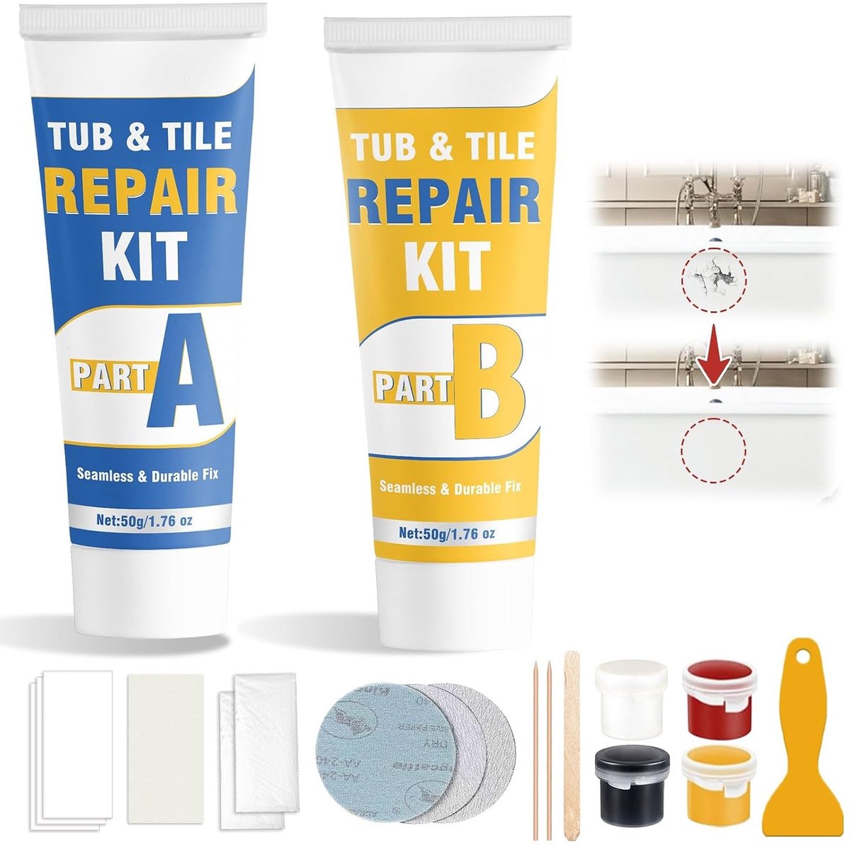Emaille reparatieset - Wit - Complete set met spatel en schuurpapier - Water- en hittebestendig - Voor badkamer en keramiek