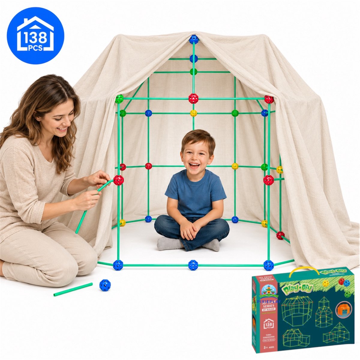 PixiePlay® Fort Bouwpakket XL - 138 Onderdelen - incl. E-book - Speelgoed - Educatief - Bouw - Montessori - Sensorisch - Speeltent - Hut Bouwen - Speelgoed 3 Jaar - 4 Jaar - 5 Jaar - Kinderspeelgoed