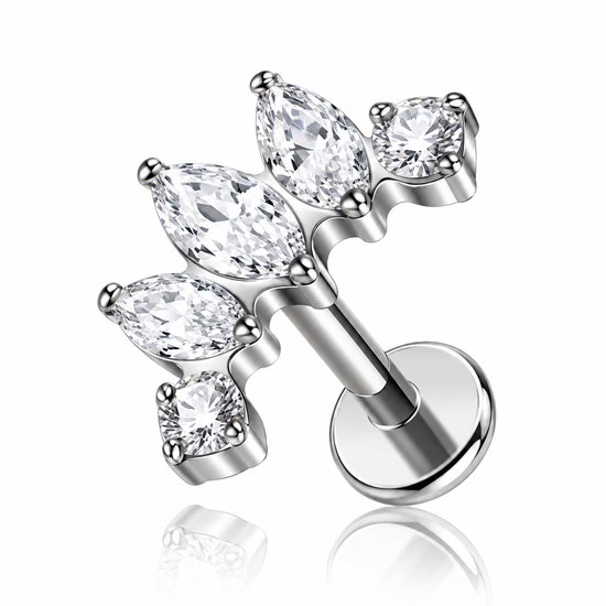Zilverkleurig piercing sieraad met kristallen in druppel- en ronde vorm. Lijkt op een vlinder.