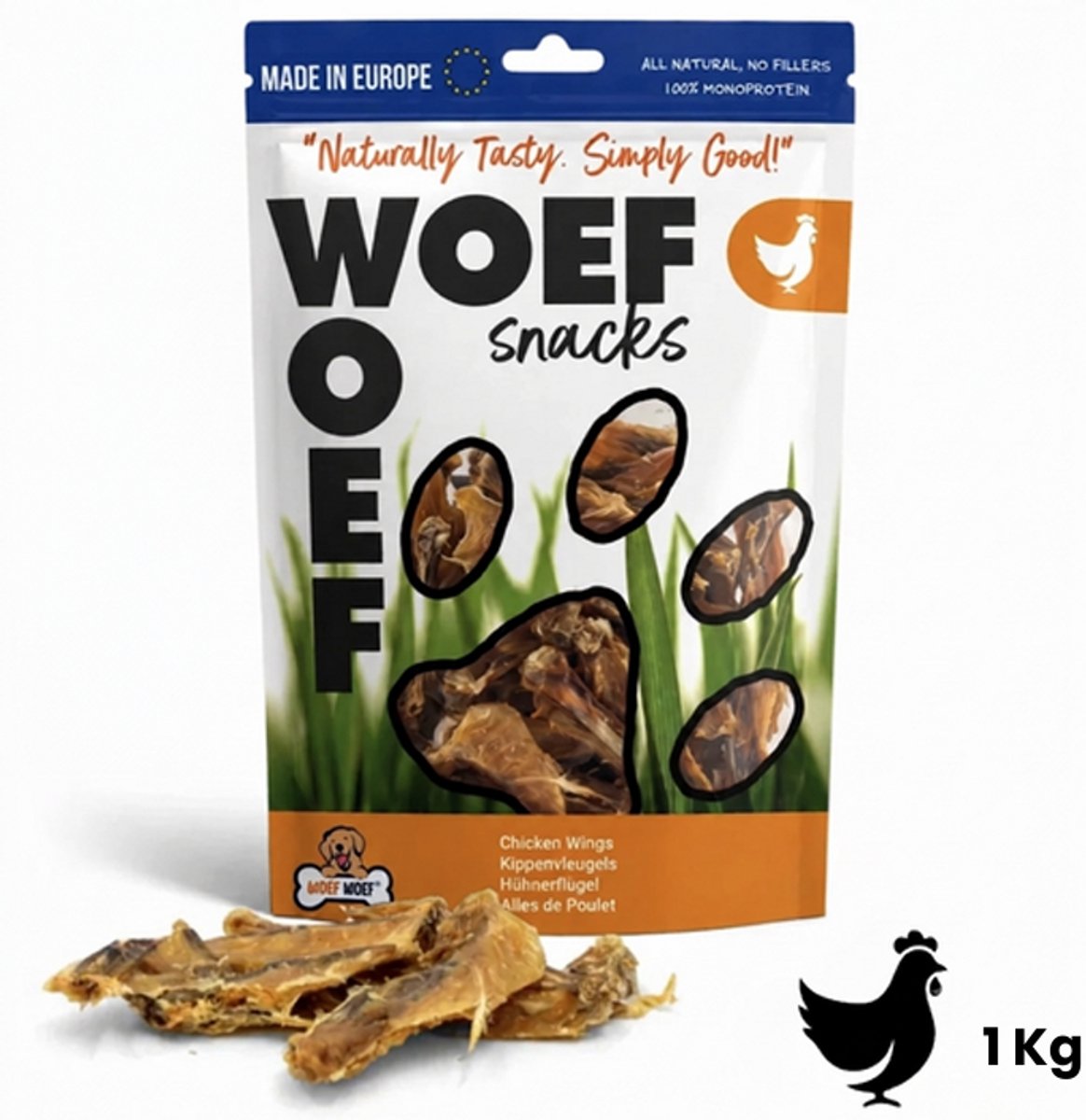 Woef Woef Snacks Hondensnacks Kippenvleugels 1.00 KG - Verwensnacks Hondensnoepjes - Gedroogd vlees - Kip - Vanaf 3 maanden - Geen toevoegingen