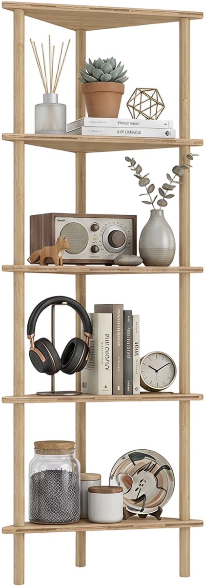 TEKROA® Opbergrekken - Bamboo Storage Shelf - 5-tier Corner Shelf - Freestanding Shelving Unit for Living Room, Home Office - 41.5W x 21.5D x 114H cm