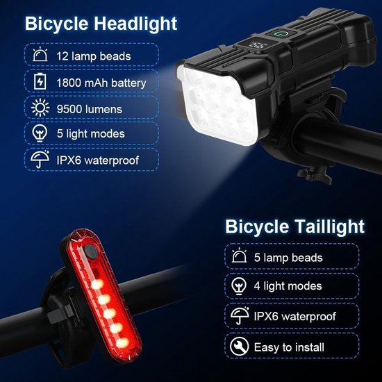 Bicycle Light met 12 LEDs - Front en Achterlicht - Oplaadbaar - Waterproof IP65 - 1800 mAh - 9500 Lumen - 6+5 Modes - Voor Mountain Bike en Road Bike van Bicycle — afbeelding 3