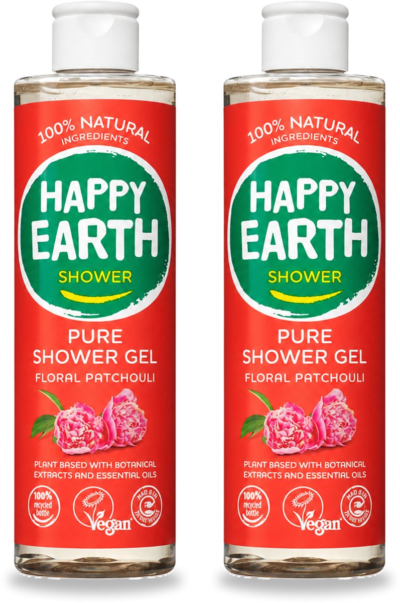 2 x Happy Earth – Douchegel – 100% Natuurlijk Floral Patchouli – 300 ml - Bulkverpakking - 2 stuks