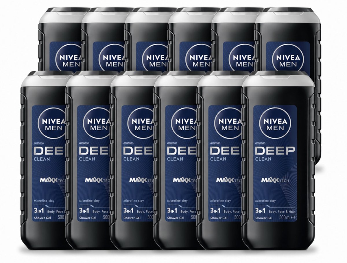 12 x NIVEA MEN - Douchegel - Deep Clean 3-in-1 - 500 ml - Voordeelverpakking - 12 stuks
