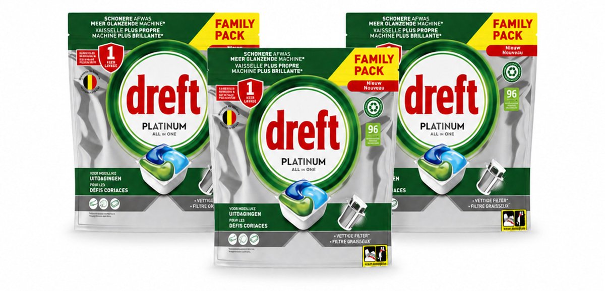 3 x Dreft - Vaatwastabletten - Platinum All-in-One Origineel - Grootverpakking - 96 Tabletten - Voordeelverpakking - 3 stuks
