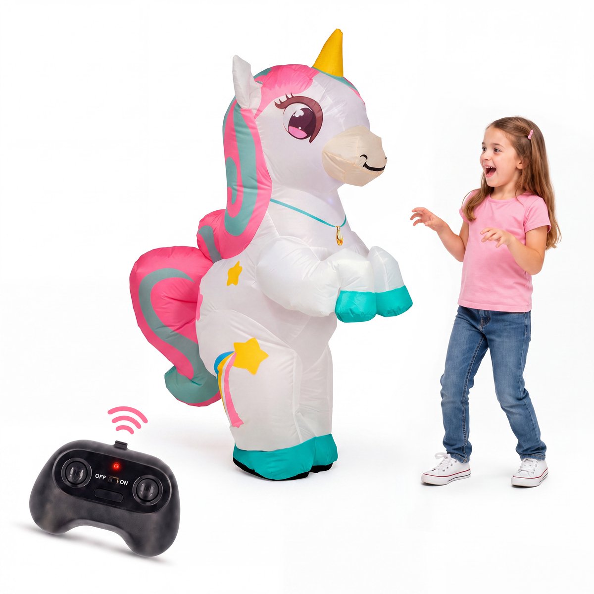 Silvergear® Opblaasbare Bestuurbare Unicorn - RC Eenhoorn - Zelfopblazend in Circa 20 Seconden - 86 cm Hoog - Afstandsbediening - Vooruit, Achteruit en 360 Graden Draaibaar - Oplaadbaar - Compact Opbergen - Cadeau voor Meisjes 6, 7, 8, 9, 10+ Jaar