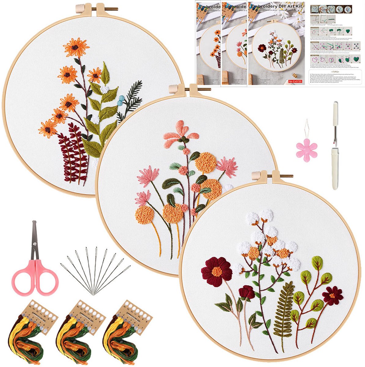 Borduurset voor Bloemen en Planten - 3 Sets met Bedrukte Patronen - DIY Handwerkset voor Thuisdecoratie - Geschikt voor Wanddecoratie