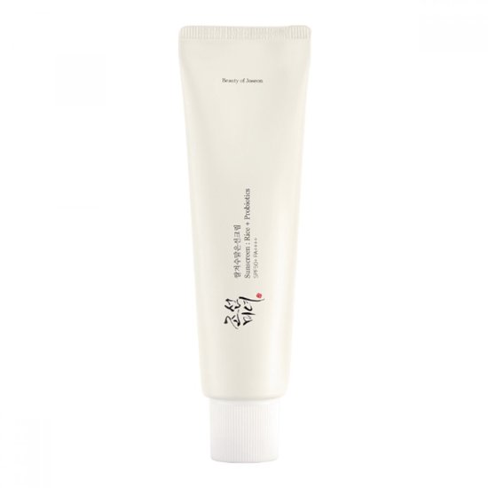 Tube Beauty of Joseon Relief Sun: Rice + Probiotics SPF 50+ PA++++ op een witte achtergrond.
