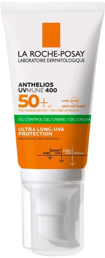 La Roche-Posay Anthelios UVMune 400, 50+ SPF, matterende gel-crème voor de gemengde tot vette huid. Beschermt tegen UVB, UVA en lange UVA-stralen.
