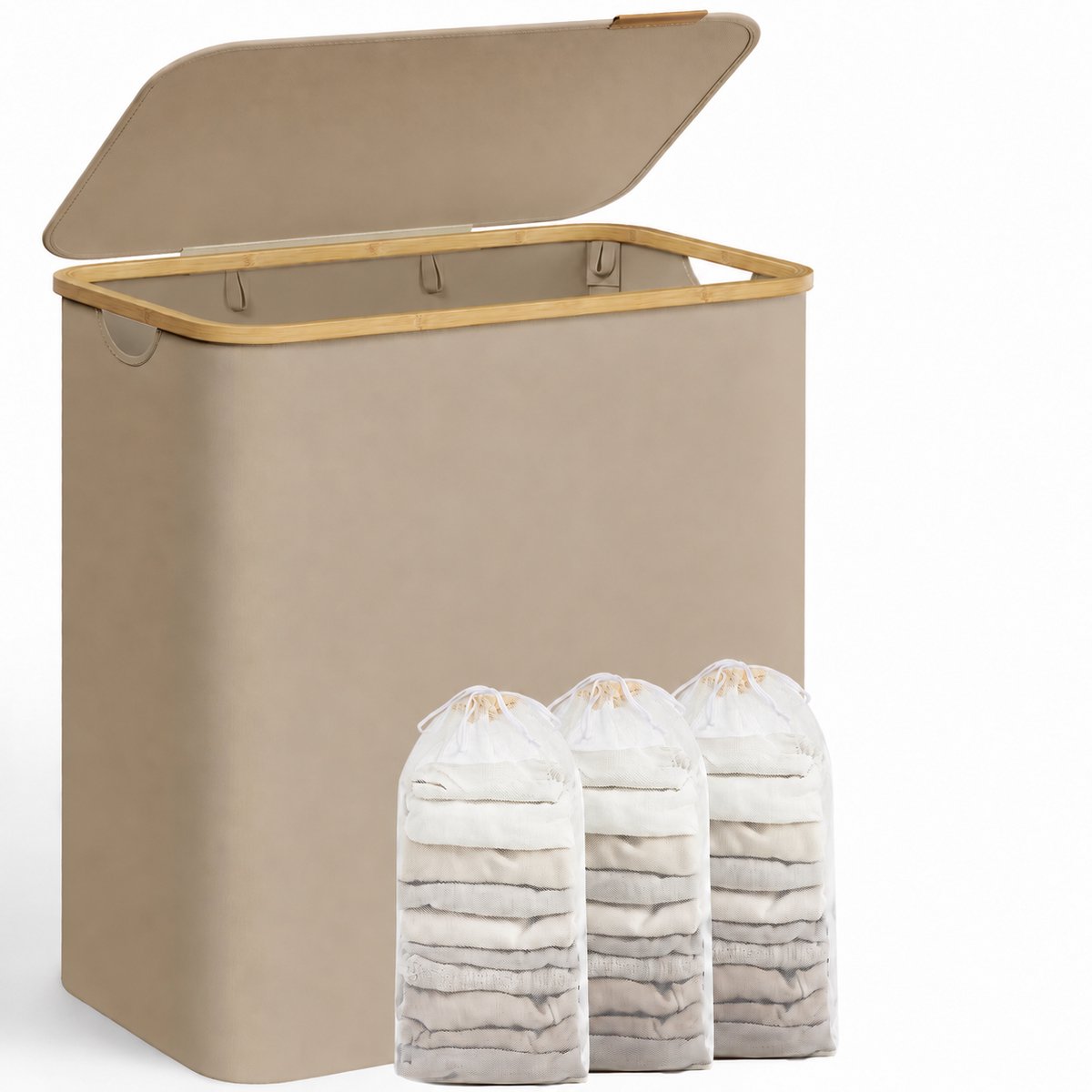 Vurnomi Wasmand 3 vakken - Wassorteerder - Waszakken voor wasgoed - Wasbox - Was organizer - 150 liter - 60 CM - Camelbruin