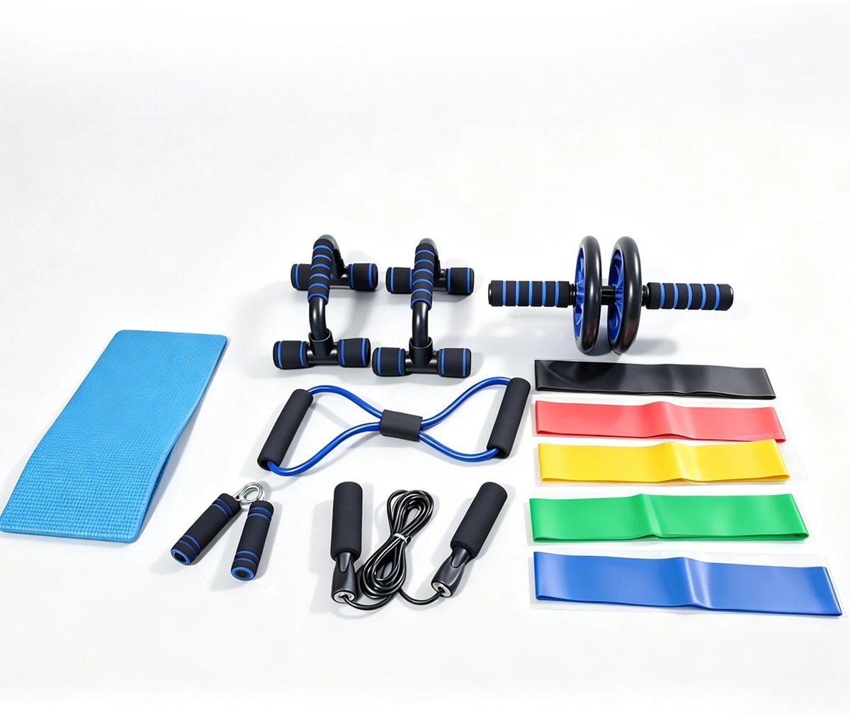 NextNovaDeals 12-in-1 Fitness Set - Ab Roller - Push-Up Bars - Springtouw - Handgrip - 6 Weerstandsbanden - Kniemat - Thuis Gym