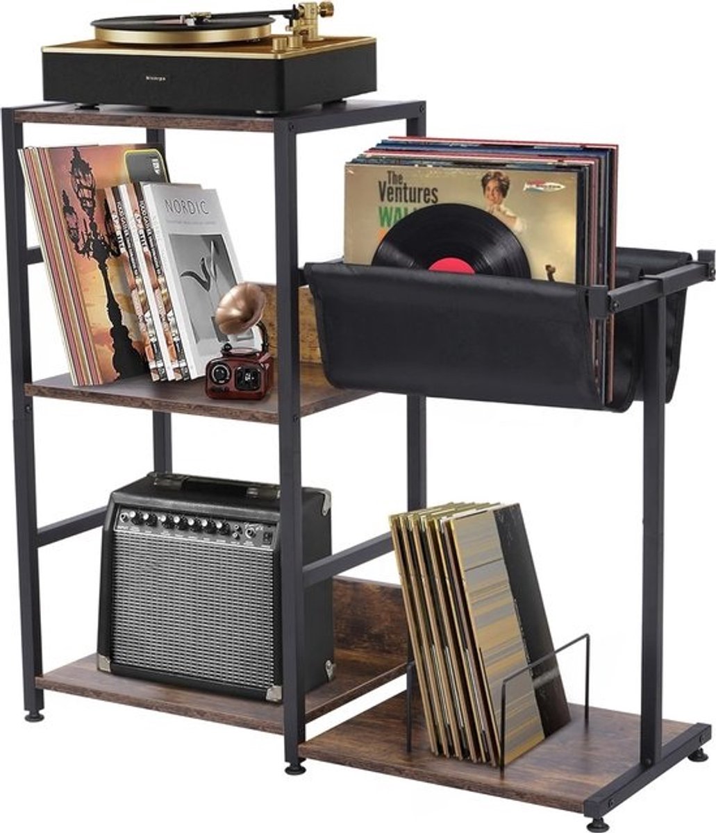 Platenspeler Meubel - Platenspeler Standhouder met Opbergplank - Retro Draaitafel Kast Vinyl Record Houder met Tijdschrift Sling