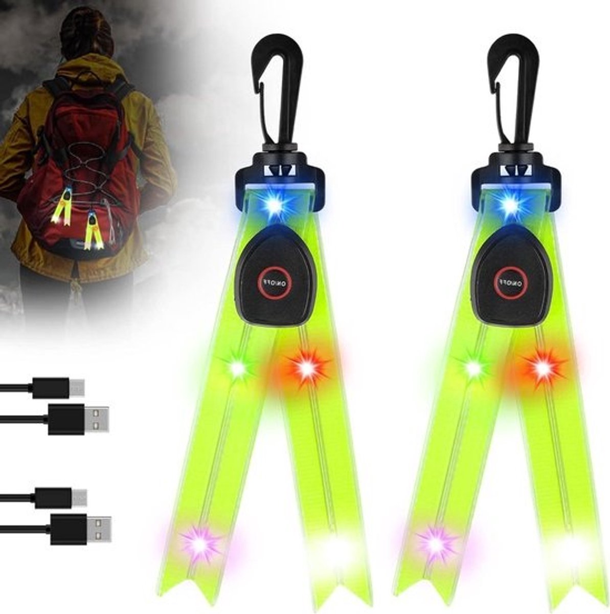 Knipperlicht schooltas - 2 stuks USB-oplaadbaar - reflectoren - veiligheidslicht - waterdicht - hanger - rugzak - wandelen .