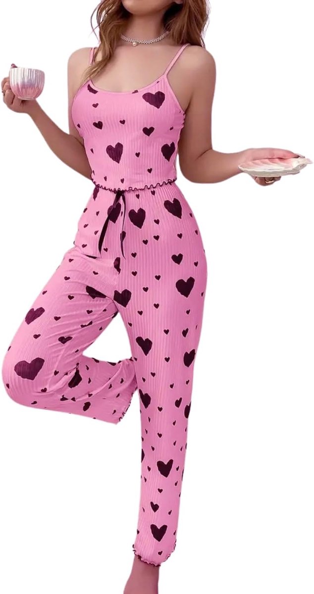 2-delige pyjamaset voor dames, met hartvormige print, camisole top en broek, sexy pyjama, schattig, comfortabel, mouwloos, sleepwear