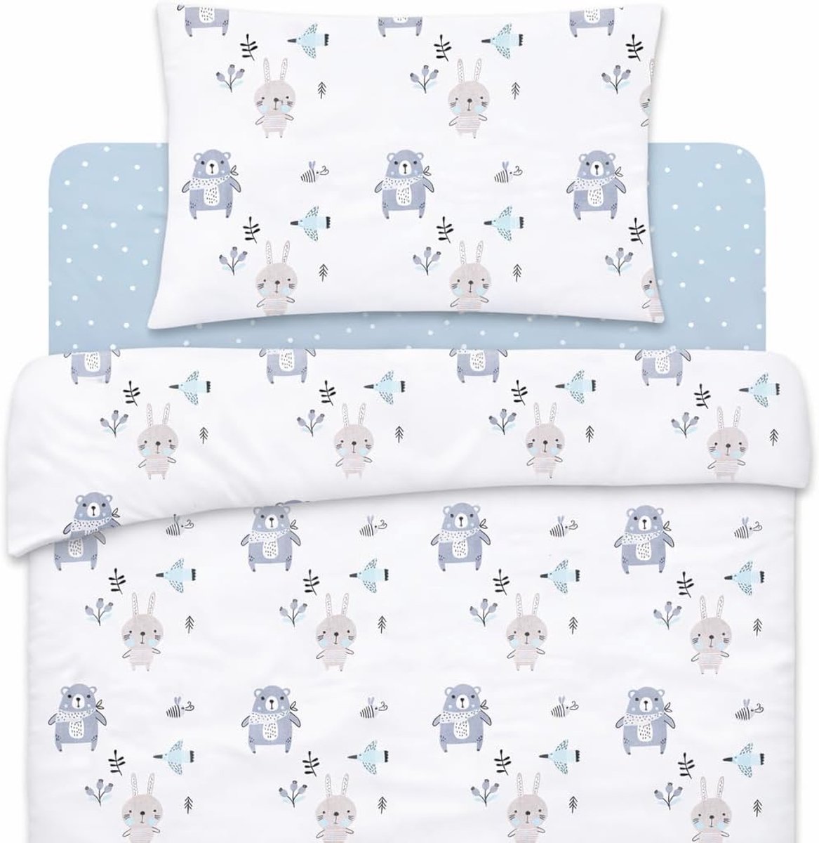 80x160 cm + Dekbedovertrek 120x170 + Kussensloop 40x60 cm - 3-Delige Set (blauwe dieren, bed 80 x 160 cm, 3-delige set)