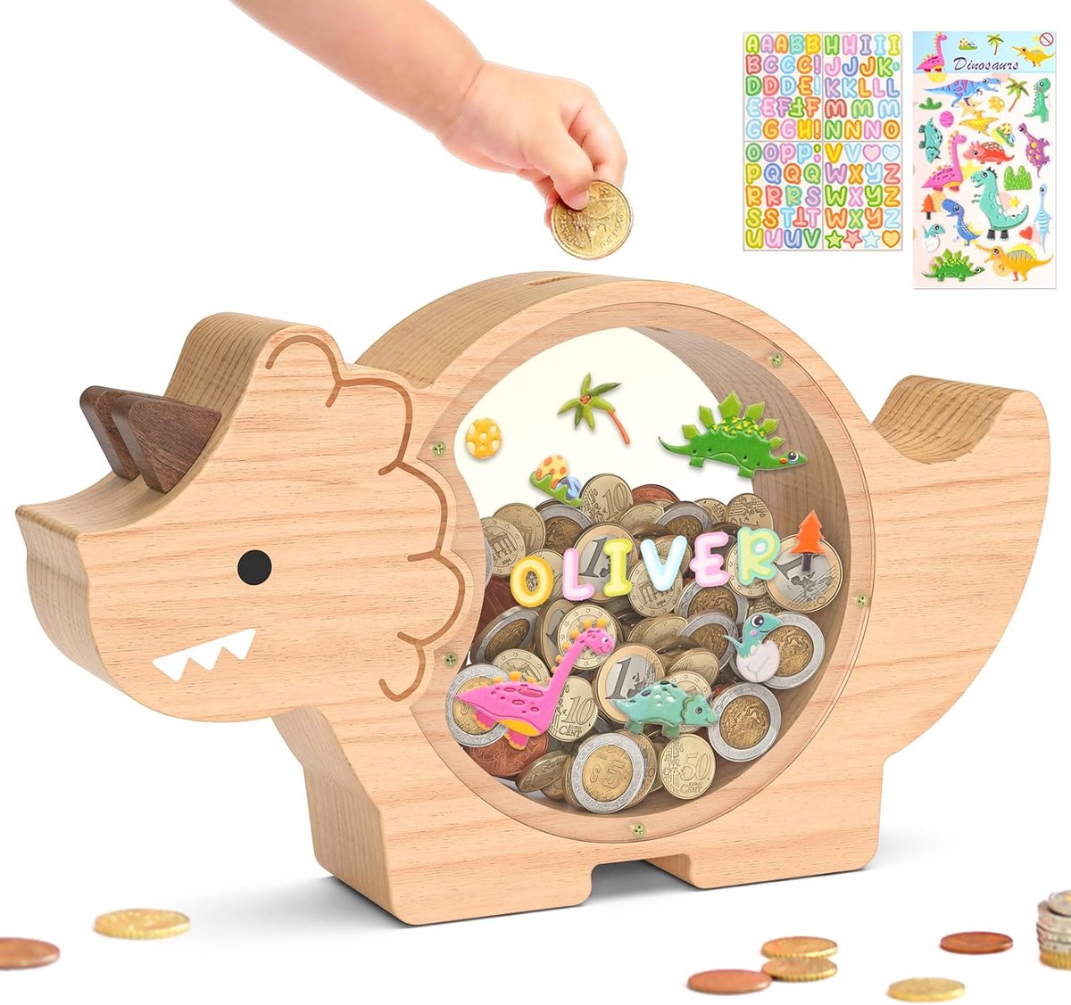 Houten dinosaurus spaarpot voor jongens, schattige houten dino geldbank voor peuters, creatieve spaarpot, gepersonaliseerd cadeau voor kinderverjaardag en decoratie (Triceratops, standaard)