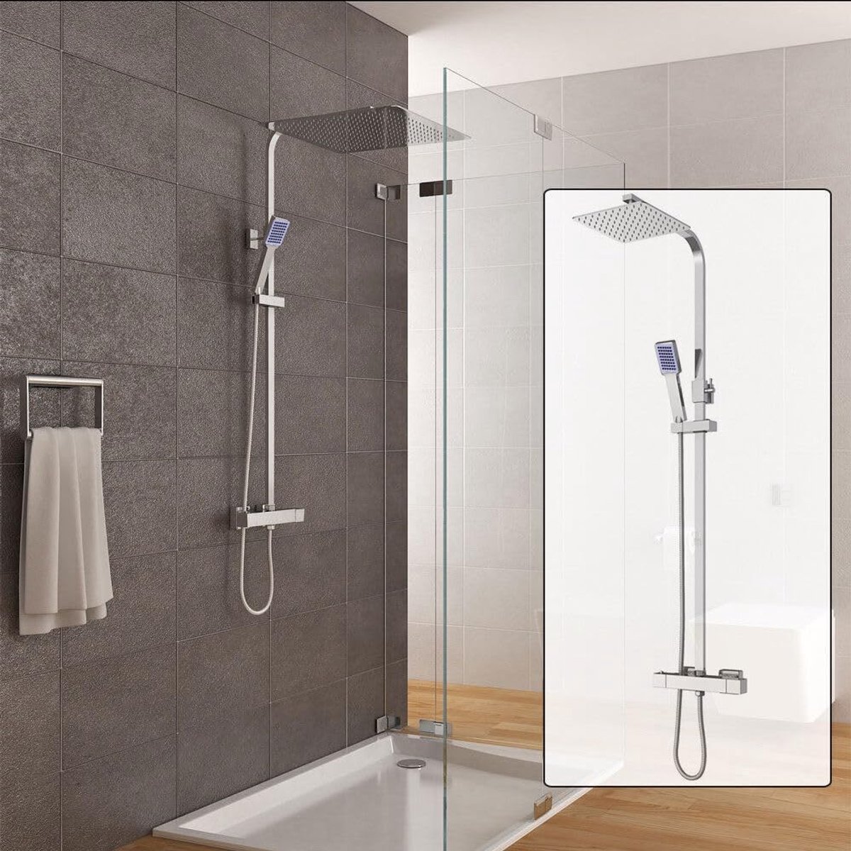 82-122 cm met thermostaat, doucheset, 40 x 40 cm, vierkant, regendouche, eenvoudig te reinigen, handdouchehouder, in hoogte verstelbaar