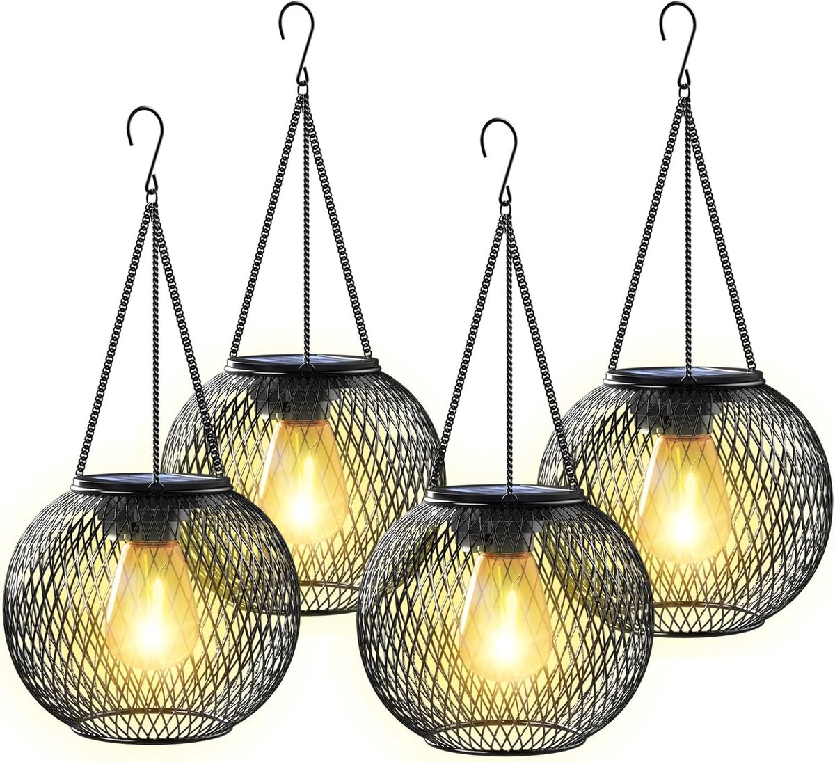 Lantaarns, 4 stuks buitentuin met IP65 waterdichte hangende zonne-verlichting automatisch aan uit metalen tuin kunst tuinverlichting voor patio gazon tafel hek ornamenten warmwit