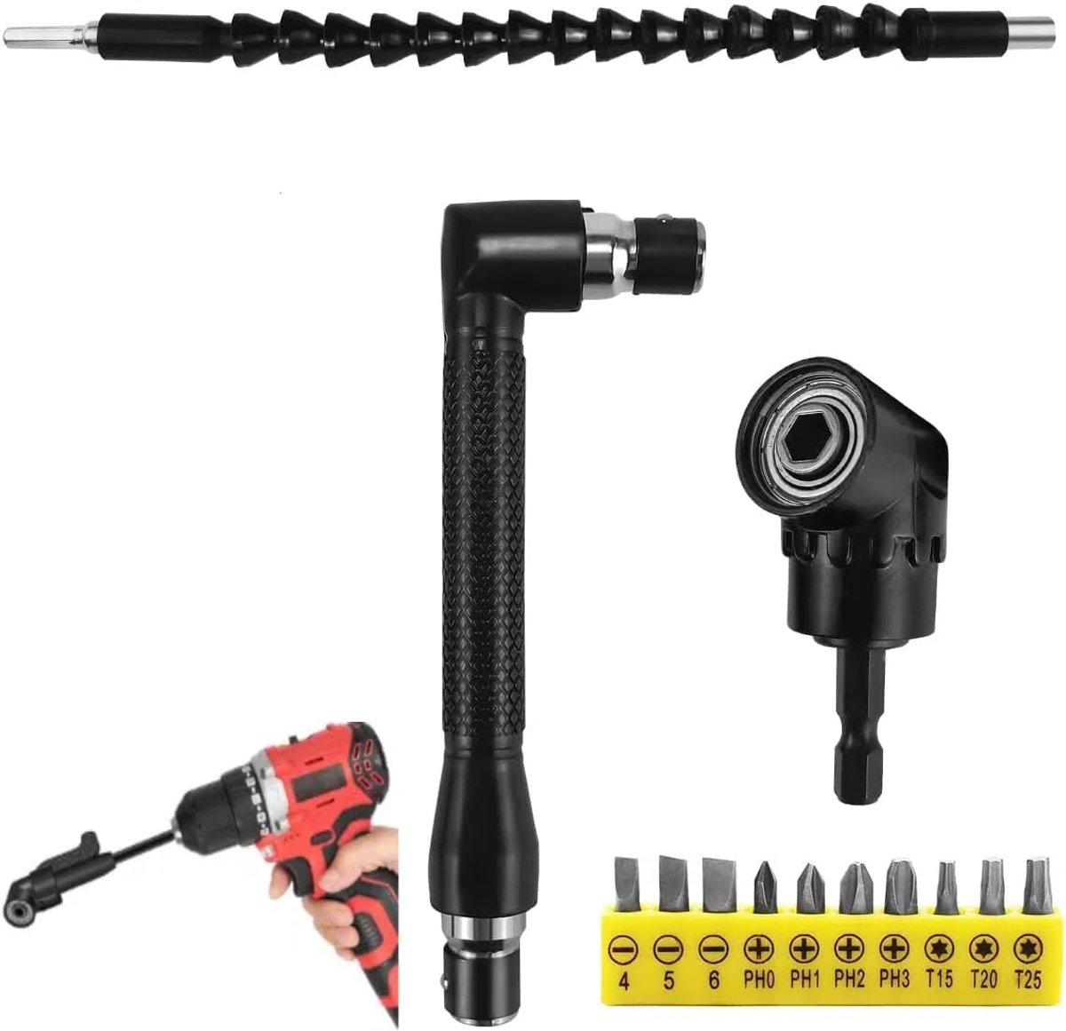 Aansluiting voor haakse boor, flexibele verlenging, korte schroevendraaierbits voor schroevendraaier, zeskantige opname van 1/4 inch, haakse boor, 105 graden, 4 stuks hoekschroevendraaiers