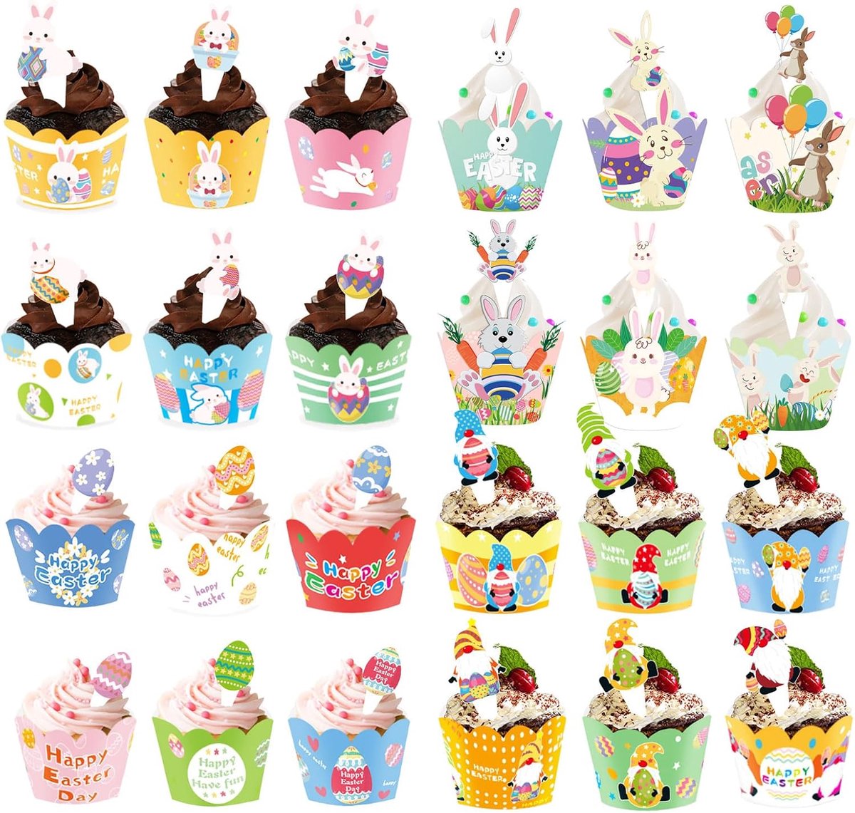 24 stuks Cupcake Toppers Paaswrappers, Paascupcake Toppers en Wrappers – Cupcake-Decoratiekaretten en Bakdozen voor Paasfeest, Verjaardag Cupcake Decoratie