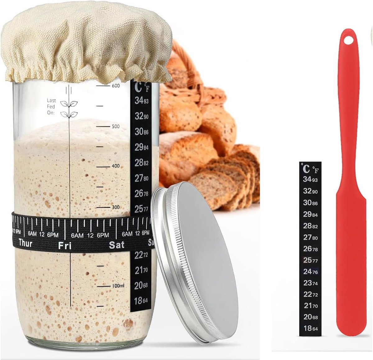 Starterset, 730 ml zuurdesem-starterglas, gefermenteerd glas, zuurdesemglas, met spatel en thermometer, doek cover en metalen deksel, huisbakken accessoires