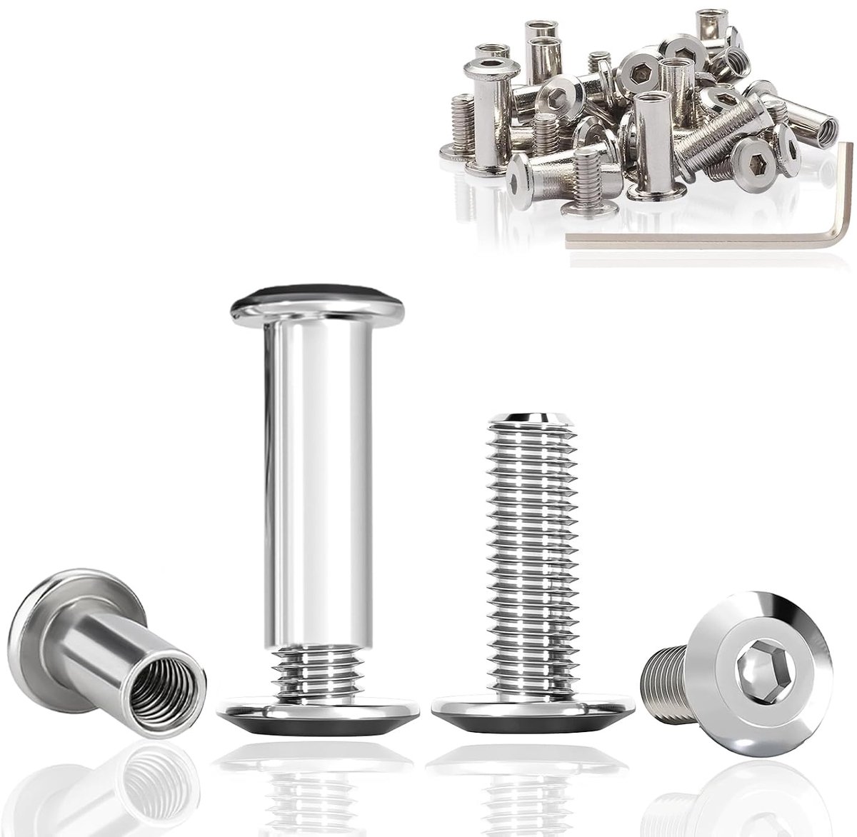 21 stuks verbindingsschroeven (hulsmoer M6 x 25 mm, hulsschroeven M6 x 12 mm) roestvrij staal, A2, V2A, meubelverbinder, kastverbinders voor meubels, kasten, houten planken