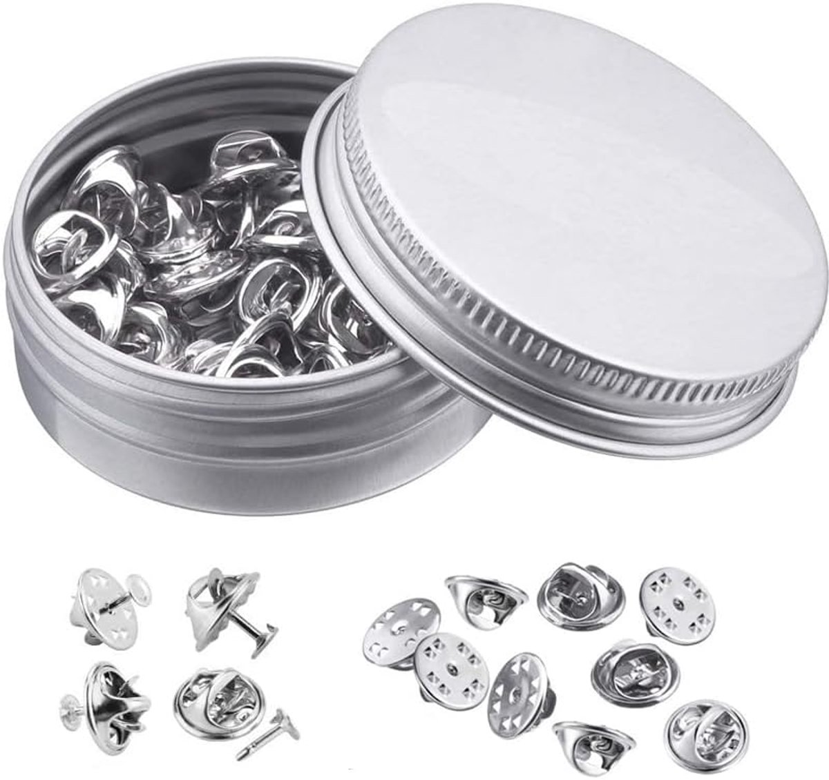 Clutch 50 stuks Koperen Stropdaspennen Broche Pinnen Achterkant Vervanging met Doorn Naald voor DIY Sieraden Maken - Zilver met Opbergdoos