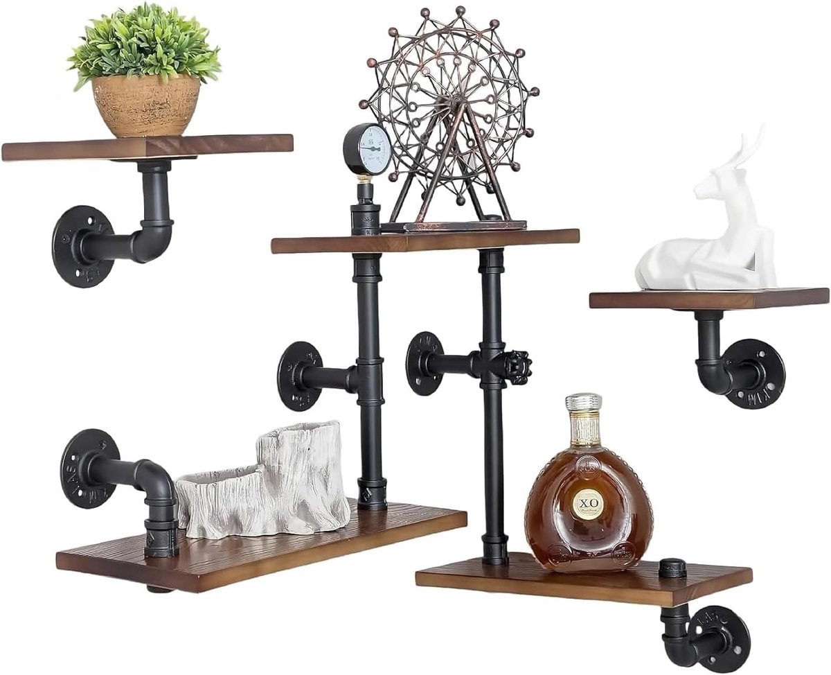 5 niveaus industrieel zwevend rek massief hout planken voor muren, vintage hangplank boekenplank buis rekken metalen frame wandplanken woonkamer