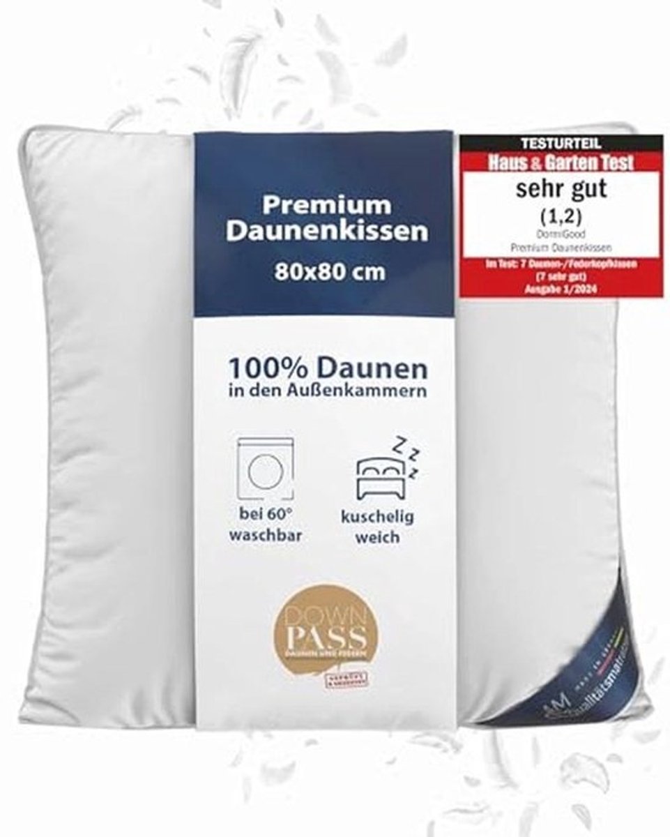 Premium Donskussen 80 x 80 cm - 100% Natuurlijk - 3 Compartimenten Hoofdkussen - Extra Zacht en Ademend Katoen