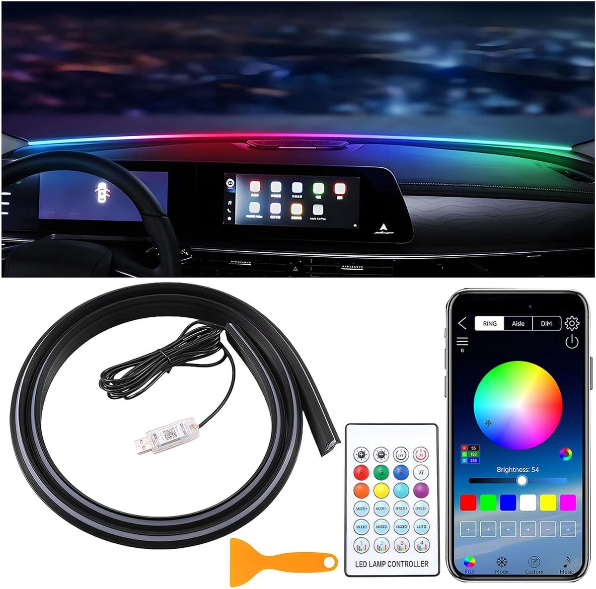 Binnenverlichting voor auto, ledstrip, auto-interieur, met afstandsbediening/app-bediening, RGB led-sfeerverlichtingsset, 5-in-1, 140 cm, USB, meerkleurig, muzikaal licht voor auto