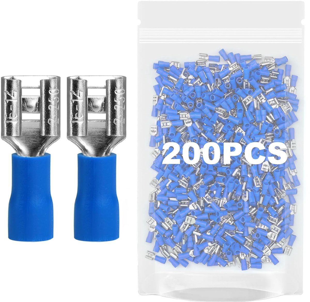 Steekhulzen, steekbreedte 6,35 x 0,8 mm, platte stekker, deels geïsoleerde kabelconnector van koper, vertind FDD (200, 1,5-2,5 mm² (breedte 6,35 mm blauw)