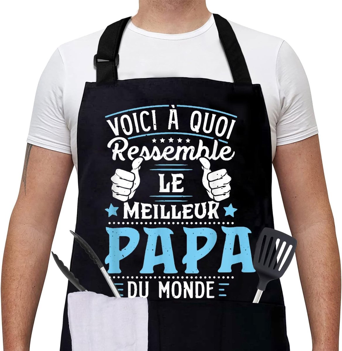 Cadeau voor Vaderdag, keukenschort – cadeau voor papa – verstelbaar schort voor keuken, BBQ, tuinieren, restaurant, barbecue, café, cadeau voor vader, Zwart, 80 cm * 60 cm