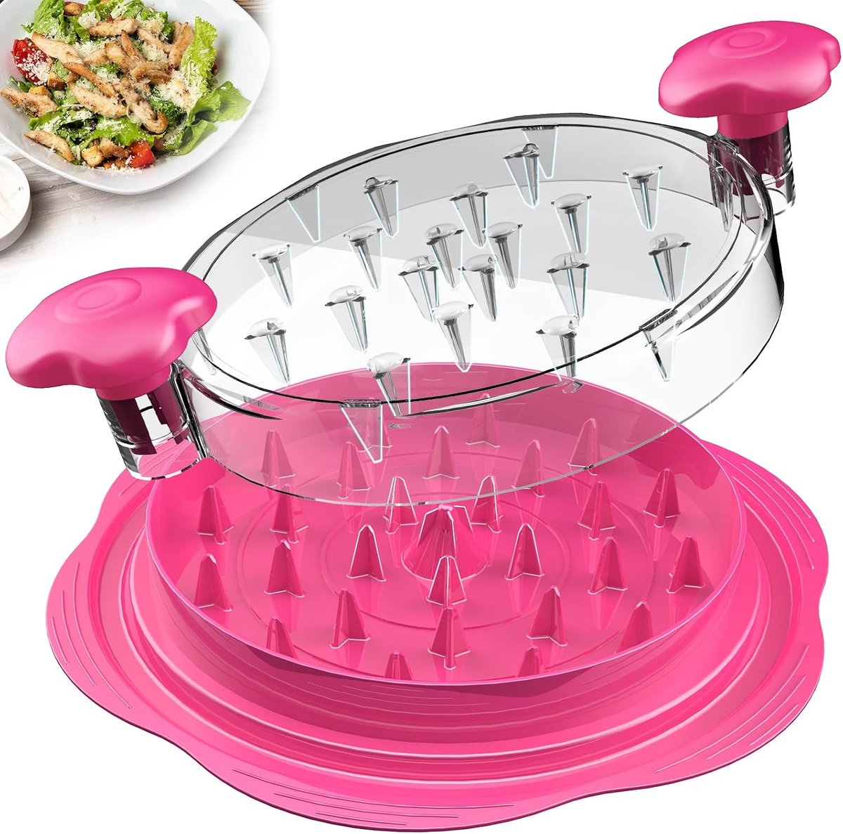 Grote Kipfilet Shredder Tool Twist met Borstel en Vork, Zichtbare Vleesversnipperaar Machine, Anti-slip Strip, Ergonomische Handvat, BPA-vrij, voor Kip Varken Rund (Barbie-roze)