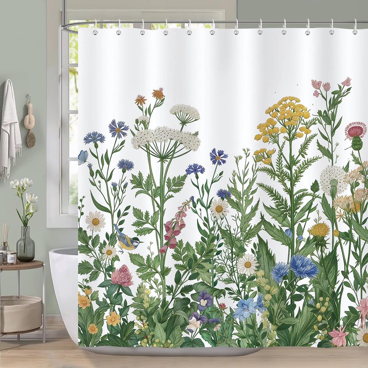 Douchegordijn, kleurrijke bloemen kruiden groene bladeren badkamer gordijn 183 x 183 cm, waterafstotend, schimmelbestendig polyester met 12 haken