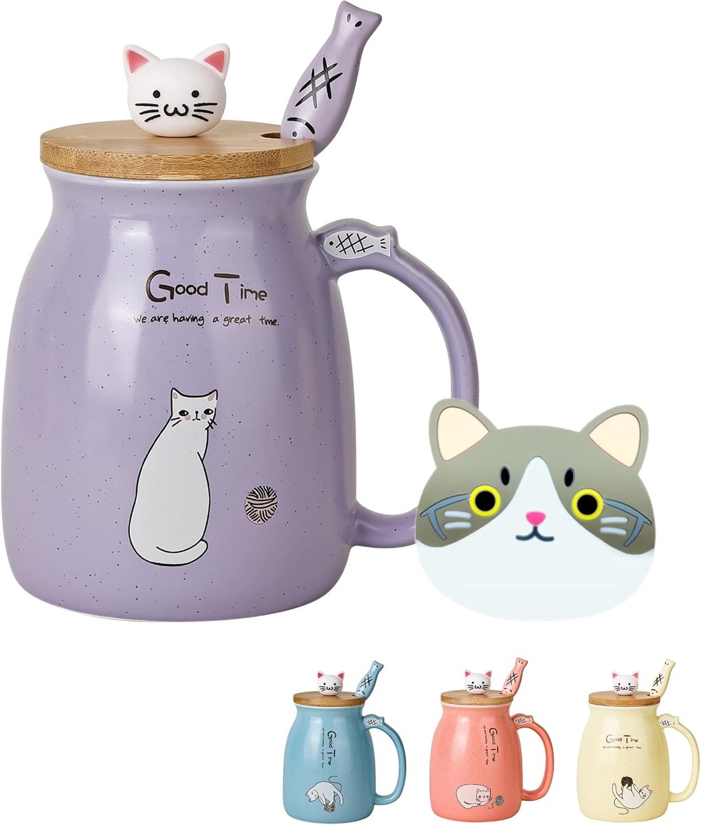 Kat Mok Kawaii Keramische Koffiekop met Kitty Houten Deksel en Mooie Roestvrijstalen Lepel | Nieuwe Ochtend Mokka Koffie Melkkoffie Theemok | Kerstmis Verjaardagscadeaus voor Vrouwen