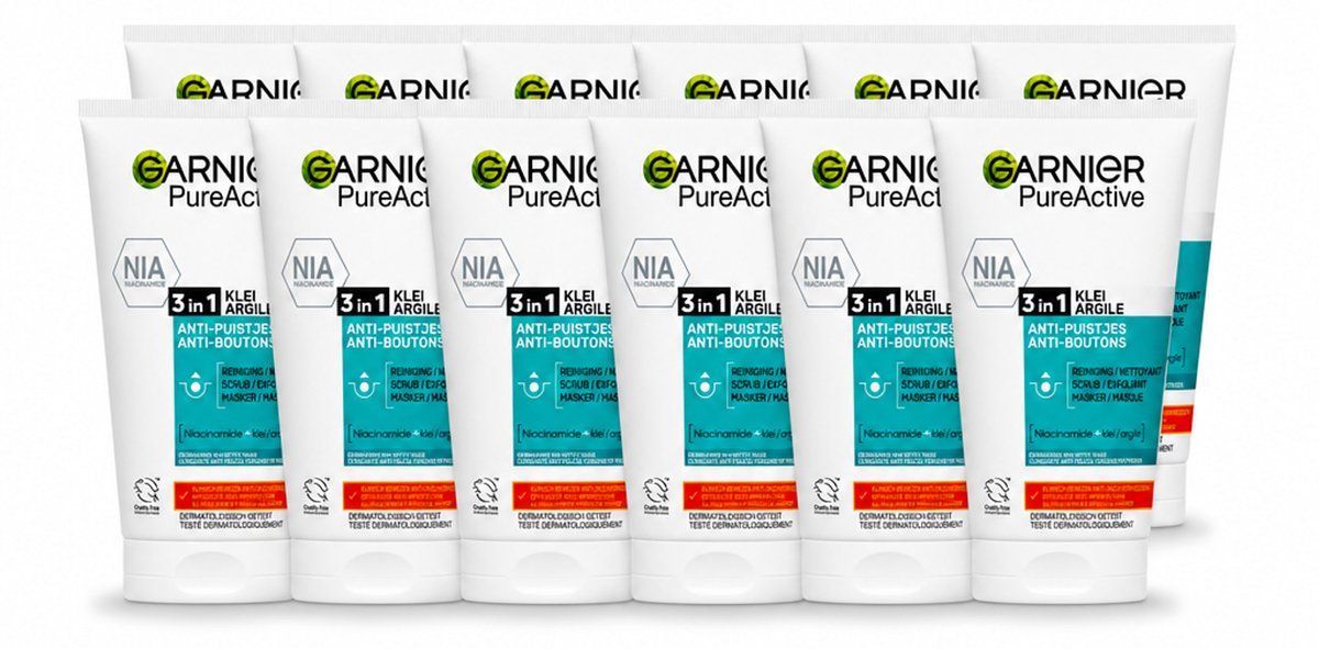 12 x Garnier - Pure Active - 3-in-1 Reiniging Scrub Masker - Tegen Puistjes & Onzuiverheden - Klei & Niacinamide - 150 ml - Voordeelverpakking - 12 stuks
