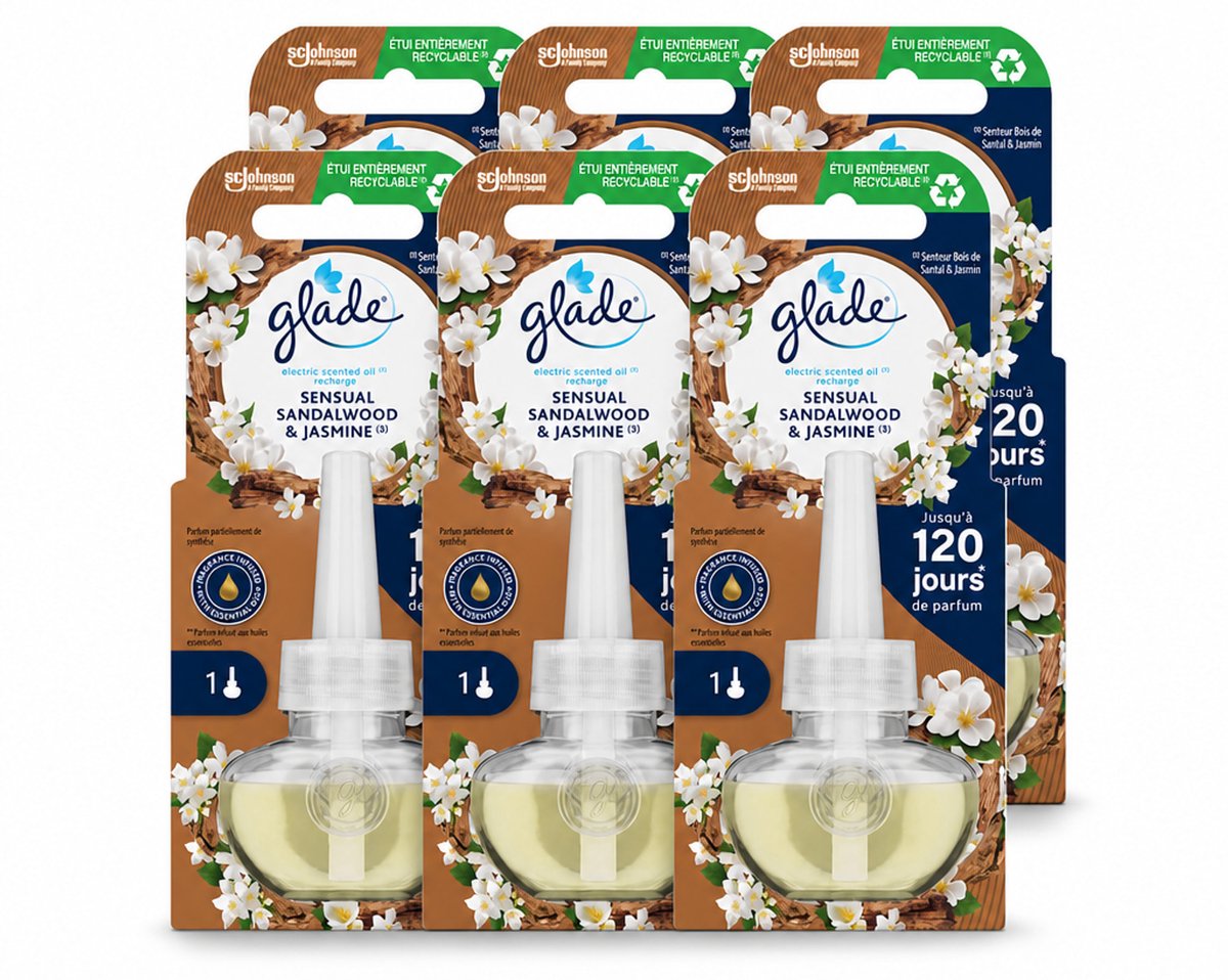 6 x Glade - Navulling Elektrische Olie - Sensual Sandelhout Jasmijn - 20 ml - Voordeelverpakking - 6 stuks