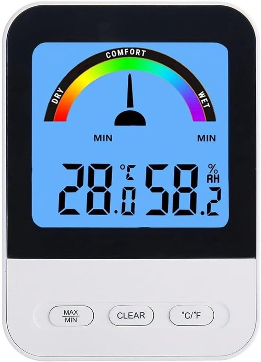 Thermometer – Hygrometer – Digitale Thermo Hygrometer voor Binnen – Temperatuur en Luchtvochtigheid Meter met Comfort Indicator – Geheugenfunctie en Achtergrondverlichting – 1 Stuk