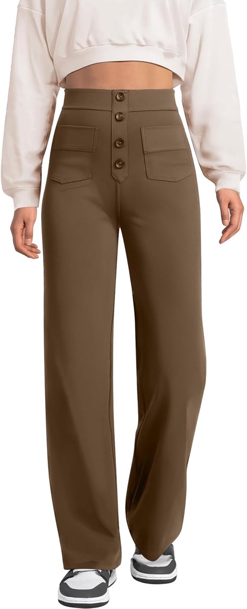 Brede broek dames hoge taille sportbroek knoop rechte broek met zakken elastische vrijetijdsbroek